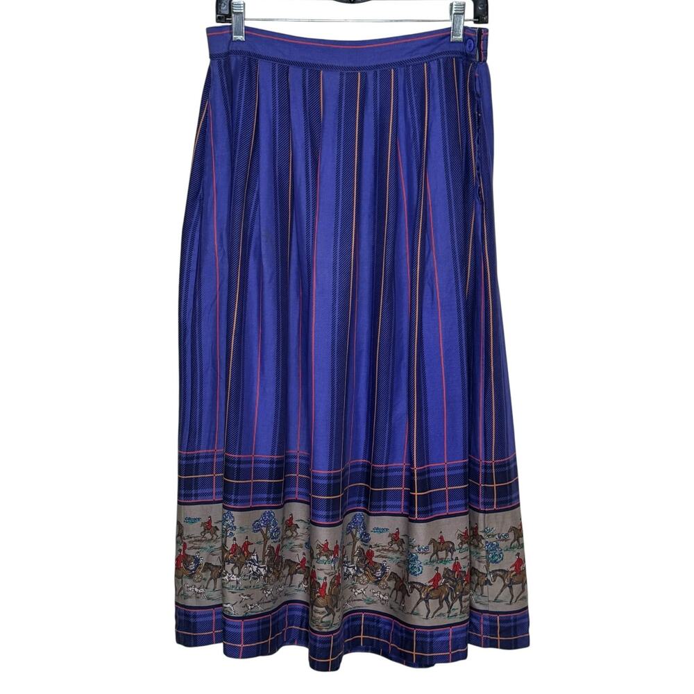 Classic Plaid Equestrian Hunting Scene 1980's Intentions Pleated Midi Skirt